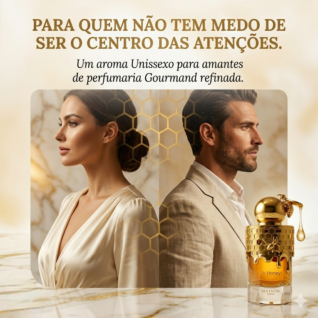 Perfume Oh Honey! Eau de Parfum da Maison Asrar, frasco elegante com detalhes dourados e aroma doce e floral.