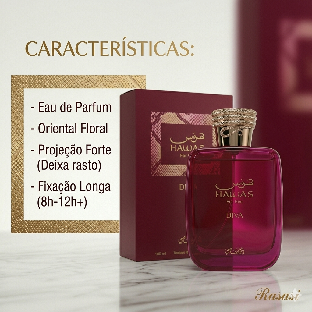 Frasco de perfume Hawas Diva da Rasasi, Eau de Parfum, com design elegante e detalhes dourados, para mulheres sofisticadas.