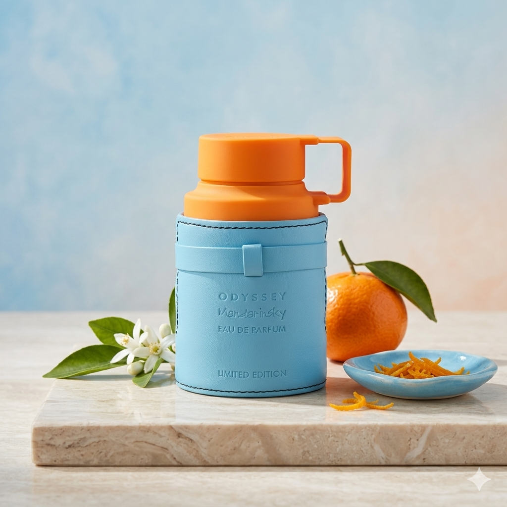 Frasco de perfume Odyssey Mandarin Sky da Armaf, Eau de Parfum com design elegante e detalhes dourados, refletindo uma fragrância cítrica.