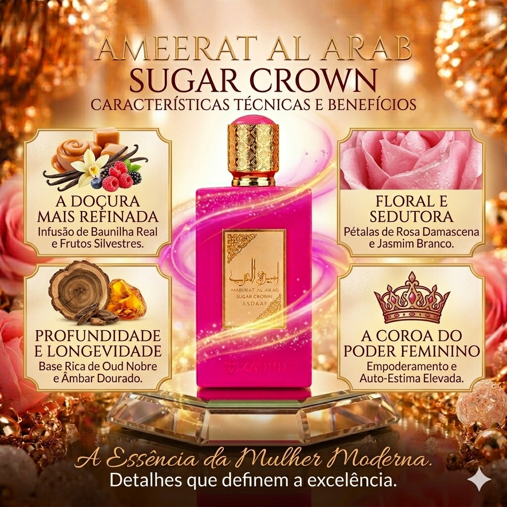 Frasco de perfume Ameerat Al Arab Sugar Crown da Oud de Ouro, com design elegante e detalhes dourados.