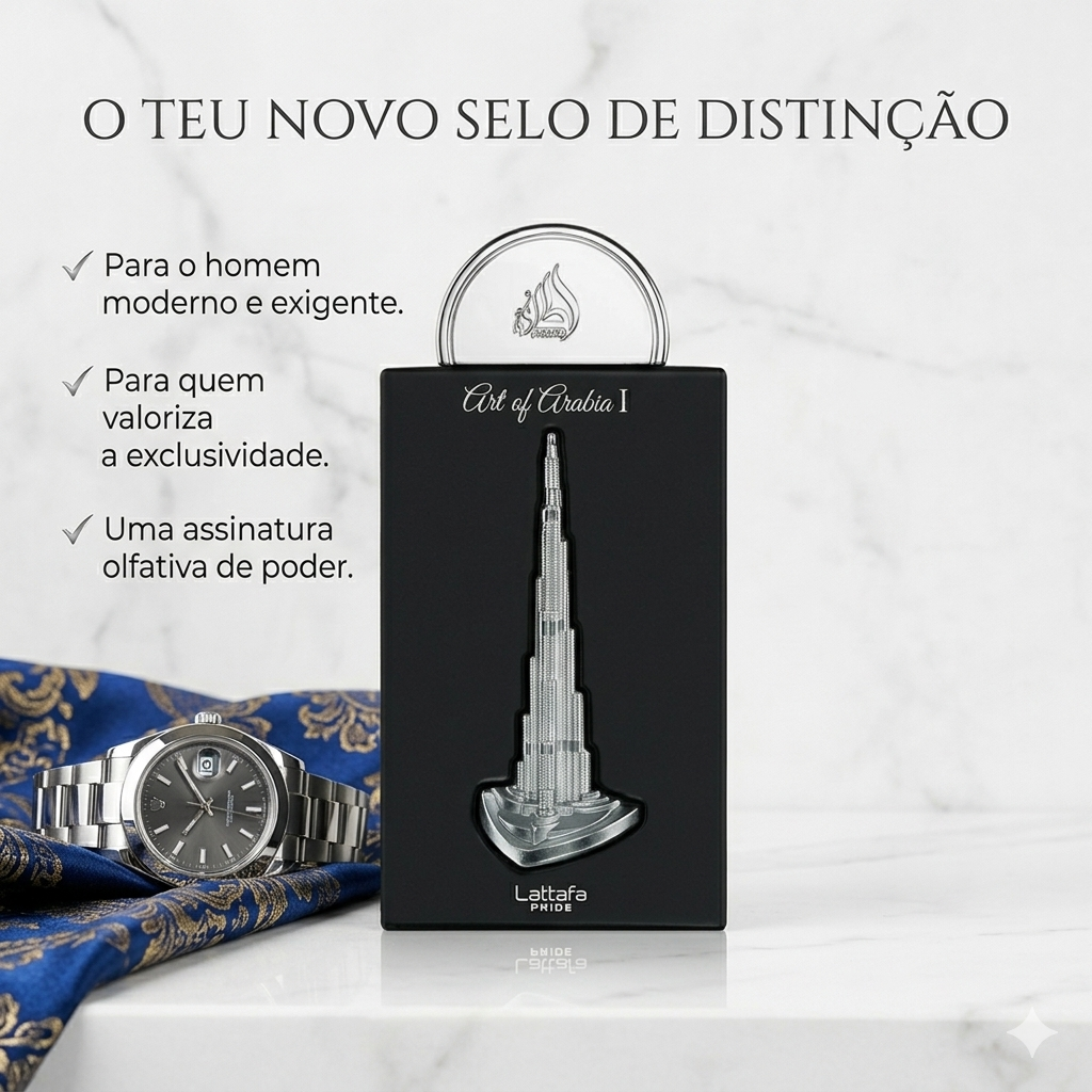 Perfume Eau de Parfum Art of Arabia I da Lattafa Pride, frascos elegantes com detalhes dourados e etiqueta com nome do produto.
