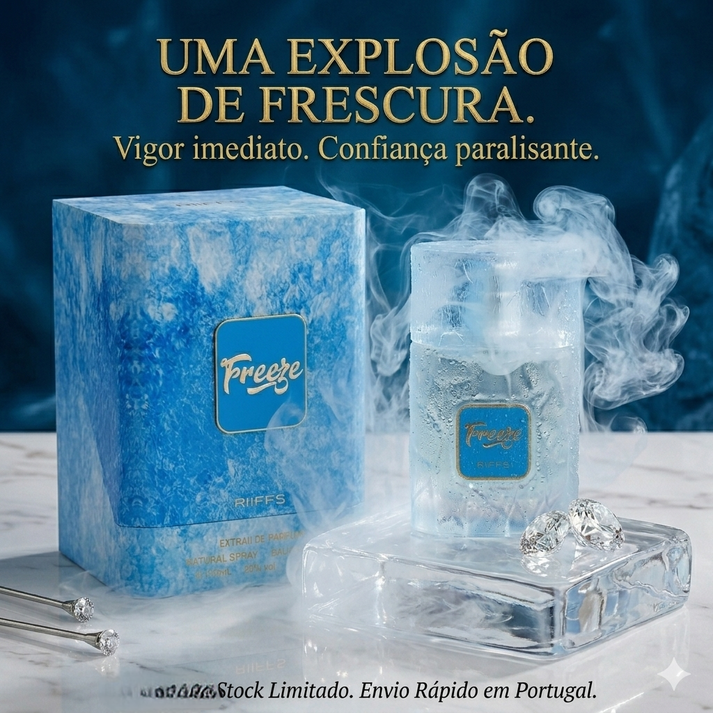 Frasco de perfume Freeze da Riifs Original, extrato de perfume Luxos do Oriente, com embalagem elegante e detalhes dourados.