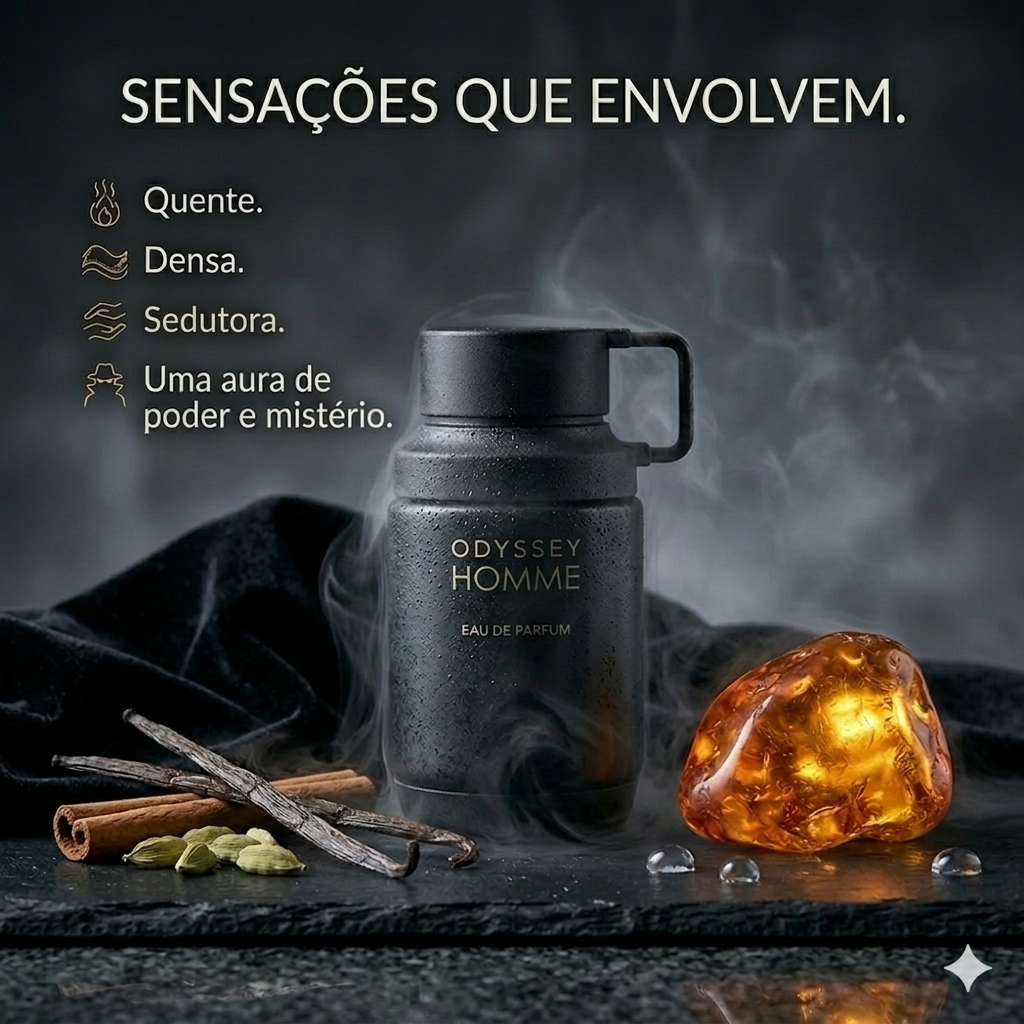 Perfume masculina Odyssey Homme de Armaf, Eau de Parfum, com frasco elegante e design sofisticado.