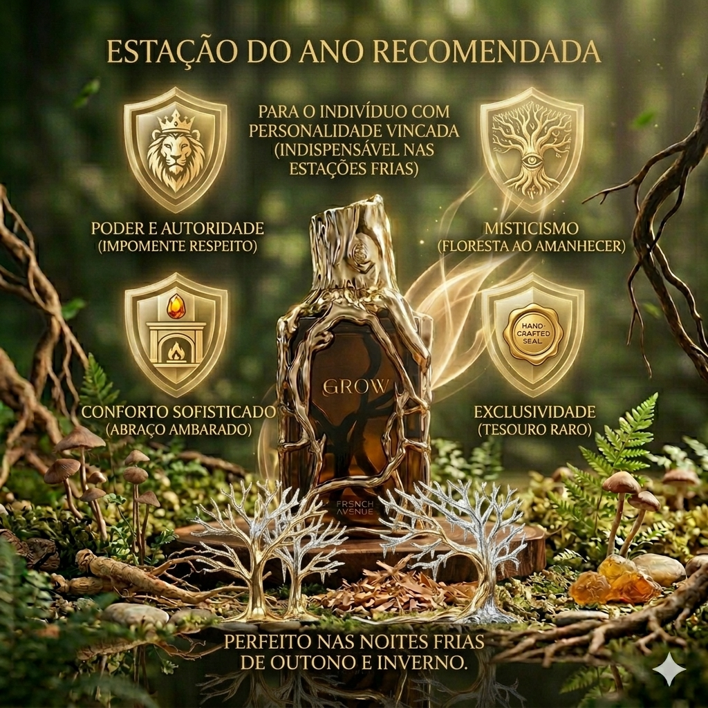 Extrait de parfum Grow French Avenue da Luxos do Oriente, frasco de vidro com rótulo elegante e tampa dourada.