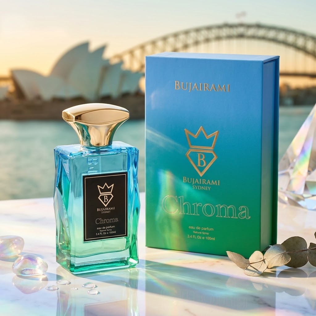 Frasco de perfume Chroma Eau de Parfum Bujairami da Luxos do Oriente, com design elegante e detalhes dourados.