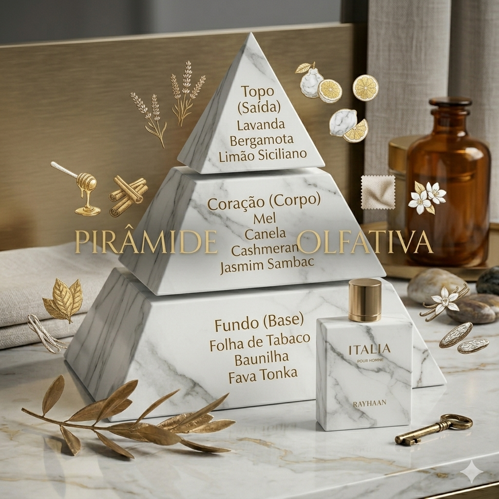 Frasco de perfume Rayhaan Italia Eau de Parfum Rayhaan Original, embalagem elegante com detalhes dourados, para homens e mulheres.