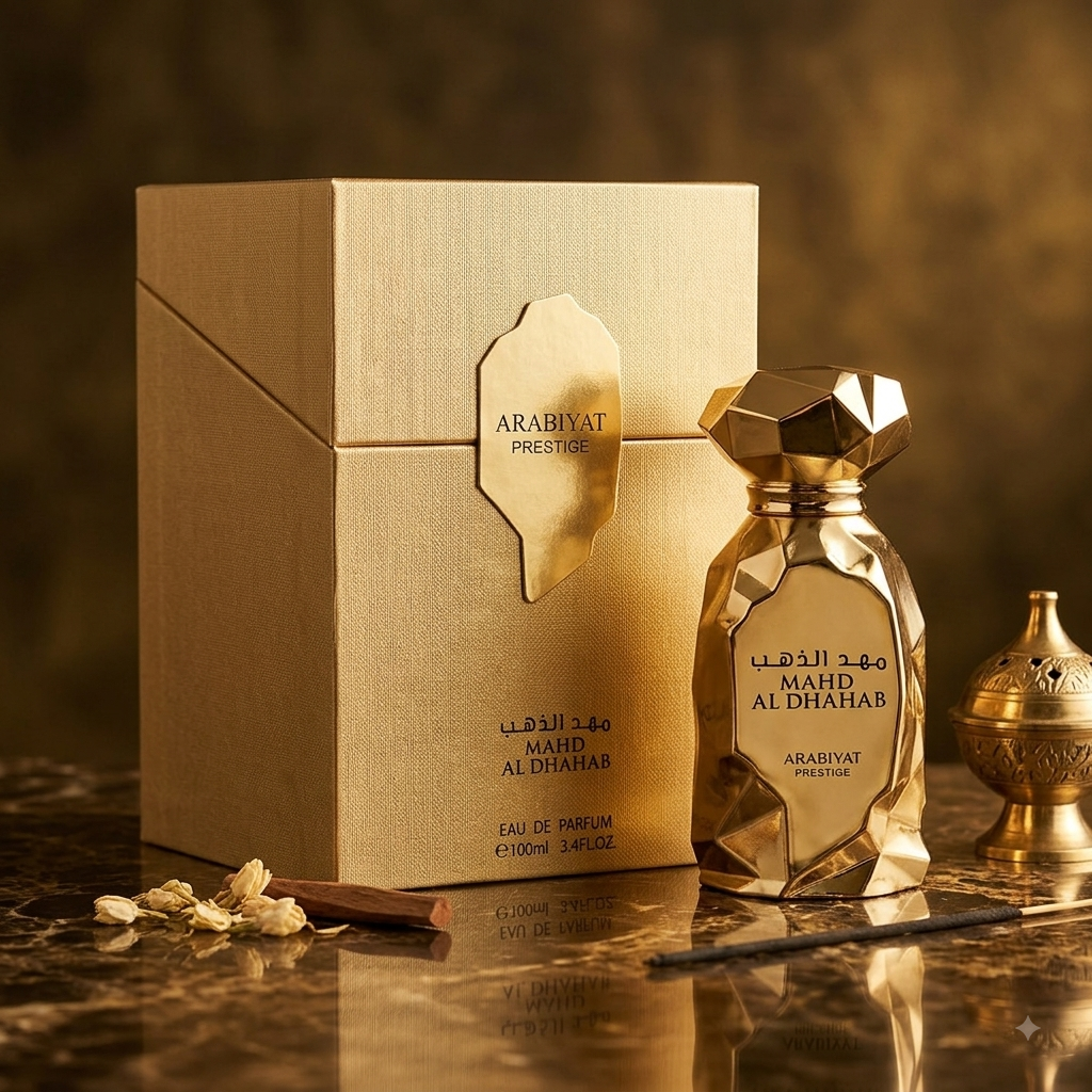 Frasco de perfume Mahd Al Dhahab Eau de Parfum Arabiyat Prestige da Luxos do Oriente, com detalhes dourados e design elegante.