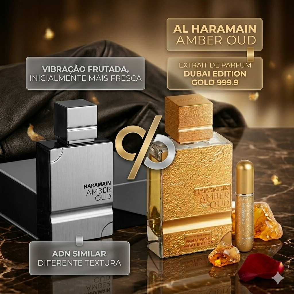 Frasco de perfume Al Haramain Amber Oud Gold Dubai Edition, extrait de parfum luxuoso com detalhes dourados e design elegante