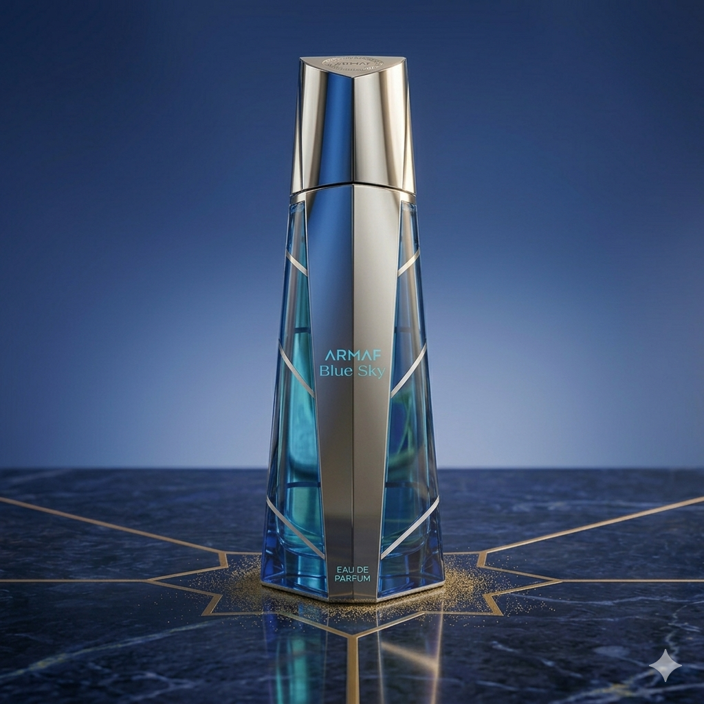 Frasco de Eau de Parfum Blue Sky da Armaf, com design elegante e tampa prateada, visto de frente sobre fundo branco.