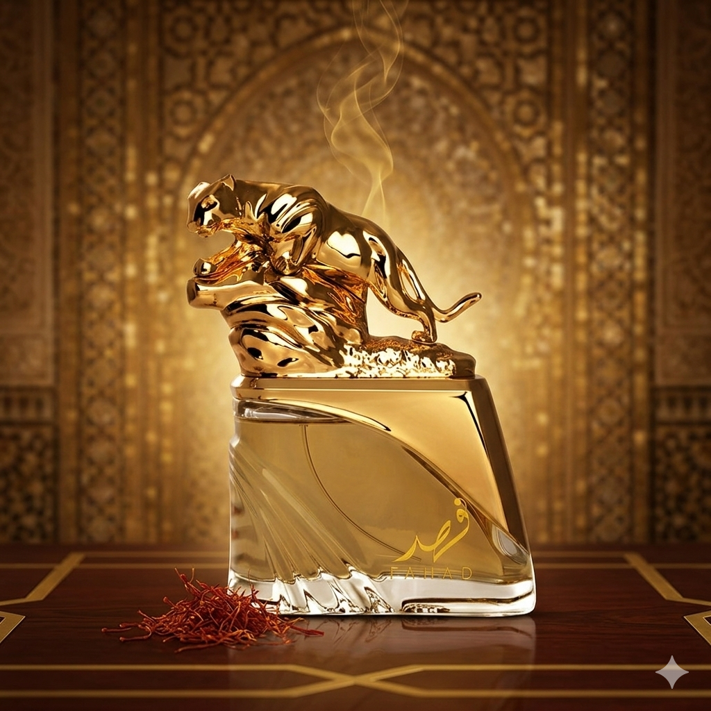 Frasco de Eau de Parfum Fahad Regal Arabiyat Prestige da Luxos do Oriente, com design elegante e detalhes dourados.