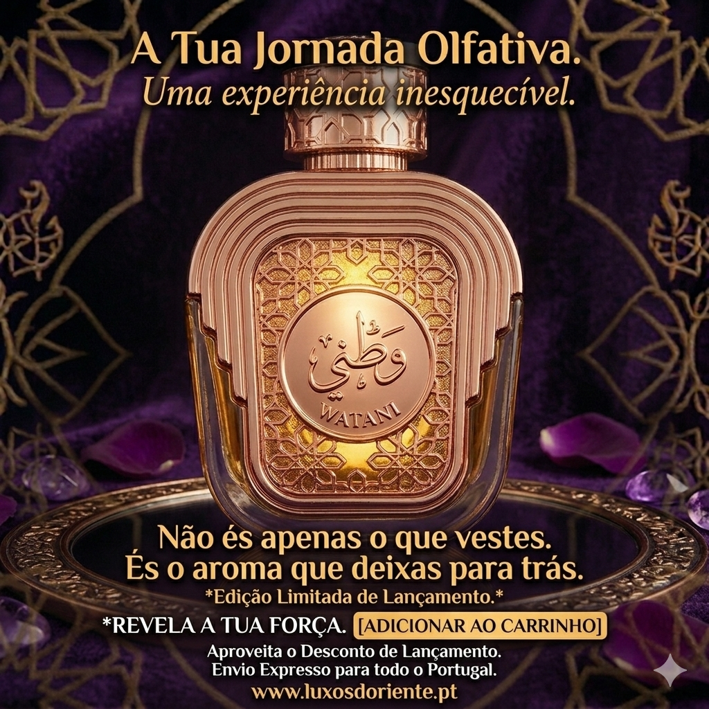 Frasco de Eau de Parfum Watani Al Wataniah da Luxos do Oriente, com design elegante e rótulo distintivo.