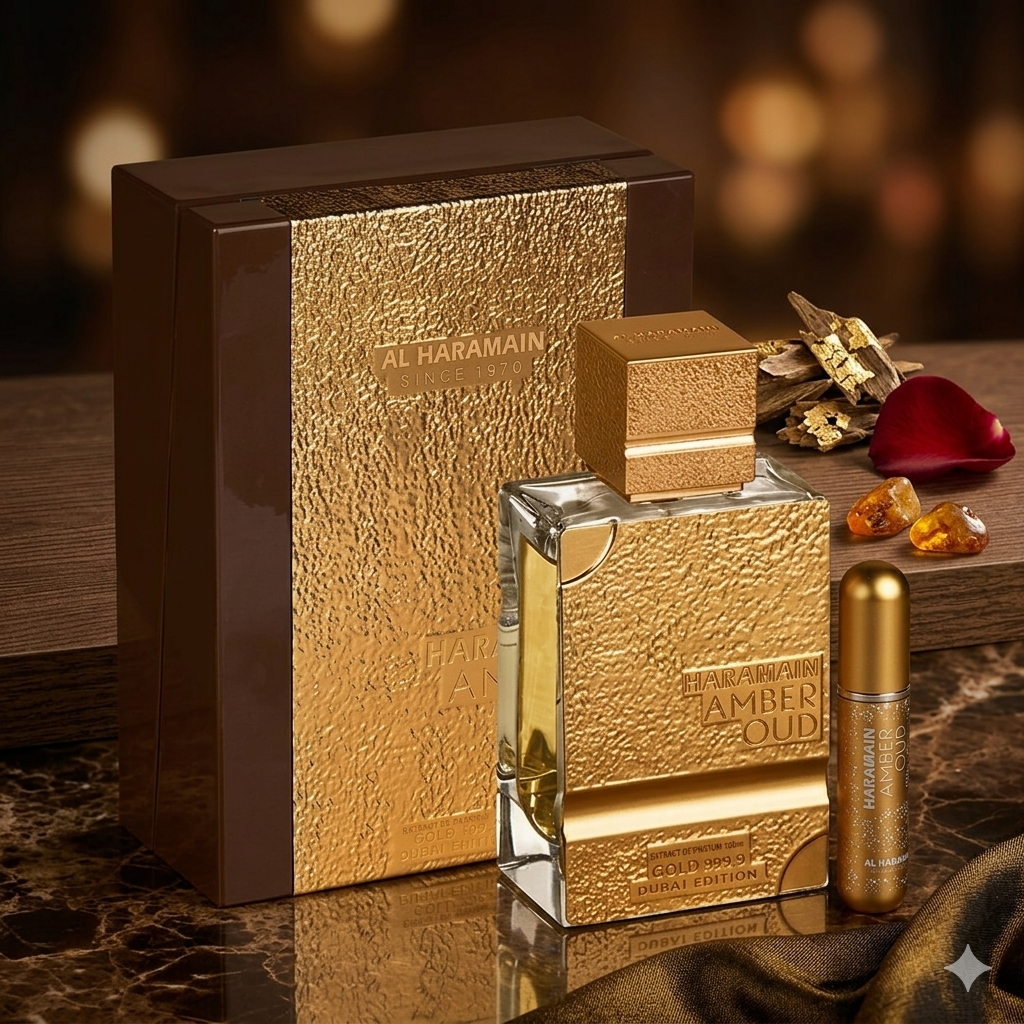 Frasco de perfume Al Haramain Amber Oud Gold Dubai Edition, extrait de parfum de luxo com design dourado e detalhes elegantes.