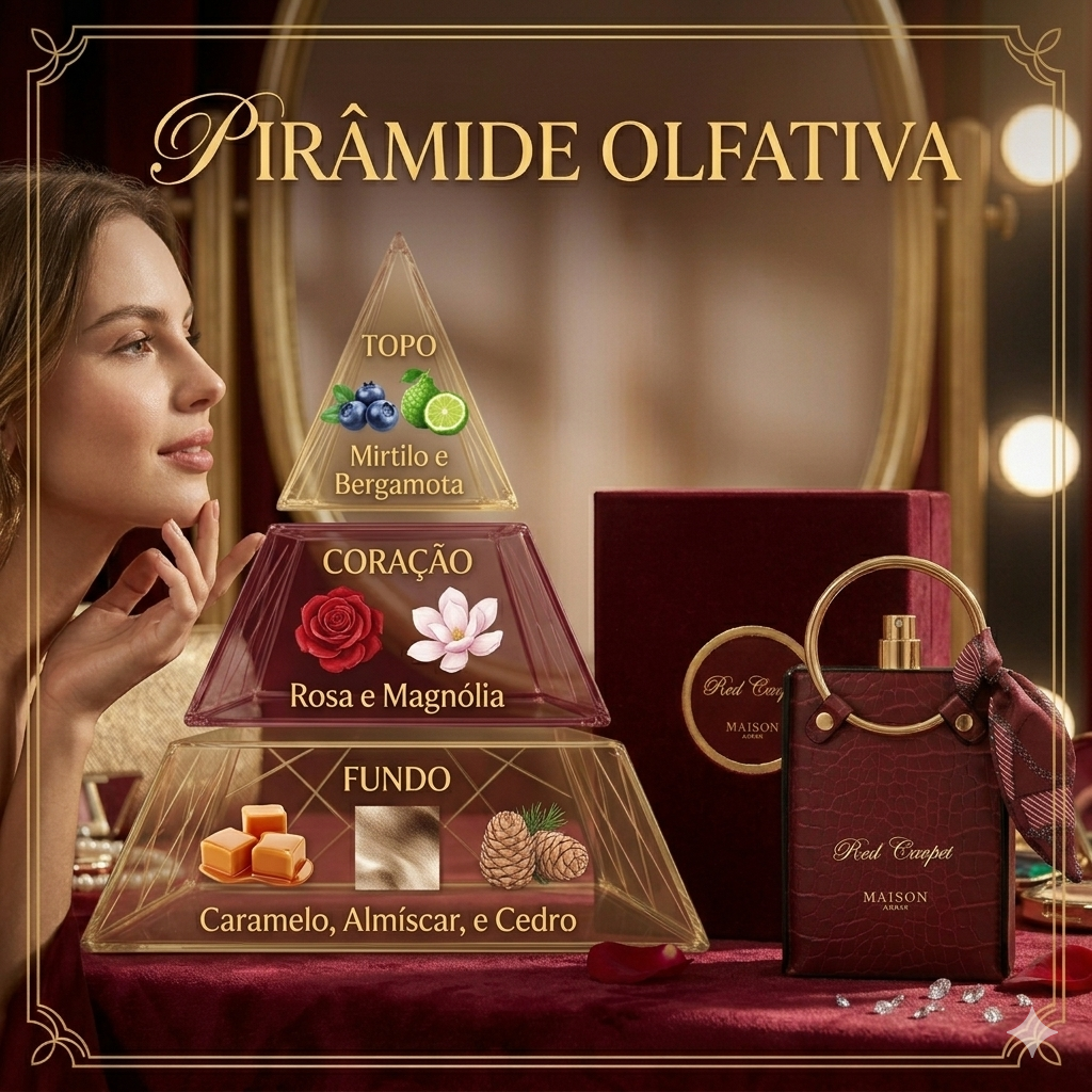 Perfume Eau de Parfum Red Carpet Maison Asrar, embalagem elegante com frasco vermelho e detalhes dourados, Luxos do Oriente.
