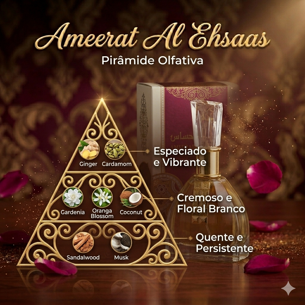 Frasco de perfume Ameerat Al Ehsaas Eau de Parfum da Ard Al Zaafran, embalagem original, detalhes elegantes e design sofisticado