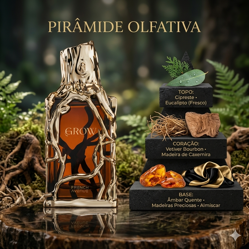 Extrait de parfum Grow French Avenue Original da Luxos do Oriente, com frasco elegante e detalhes do perfume.