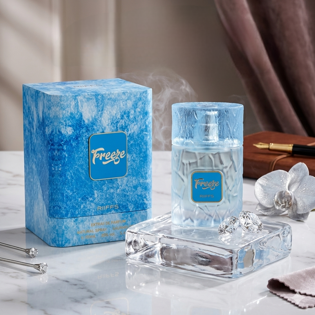 Frasco de perfume Freeze Extrait de Parfum da Luxos do Oriente, com design elegante e embalagem sofisticada.