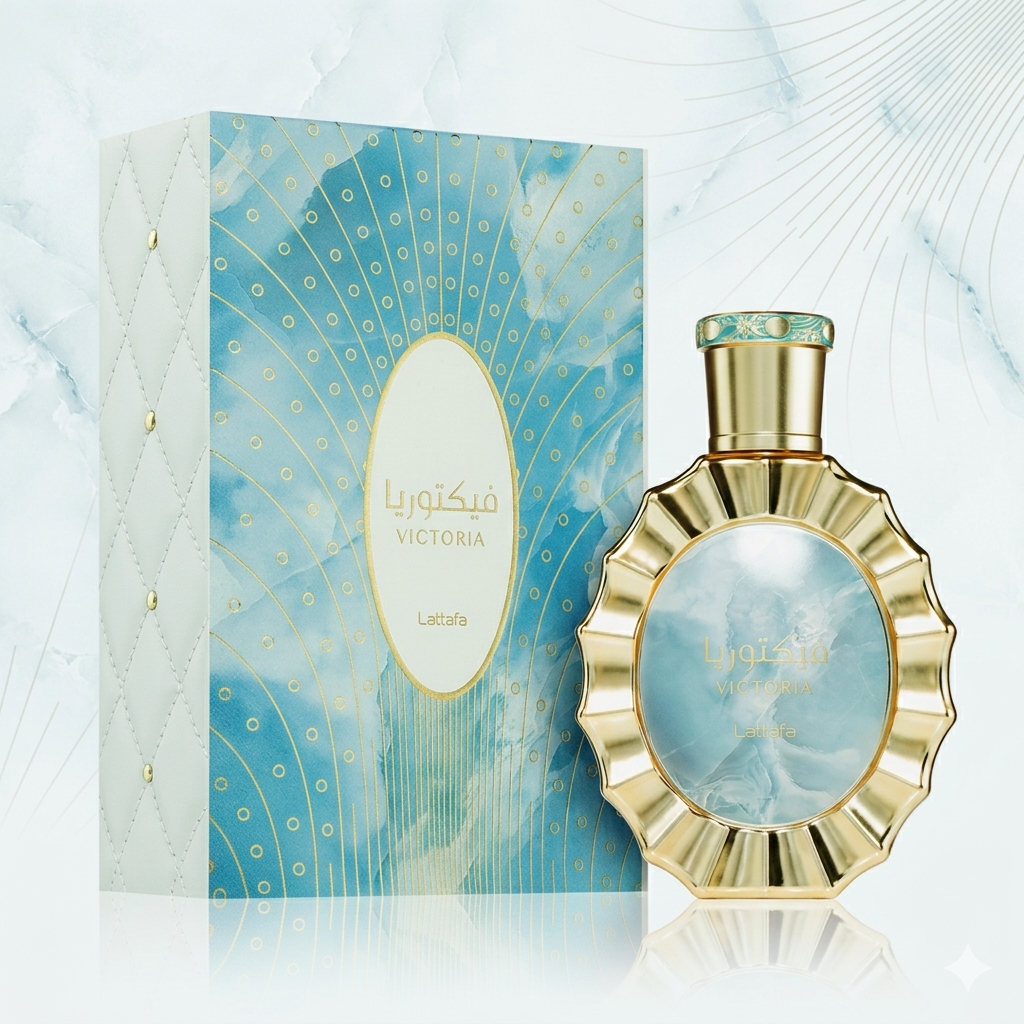 Frasco de Eau de Parfum Victoria Lattafa, embalagem elegante, com detalhes dourados e rótulo branco, refletindo luxo e sofisticação.