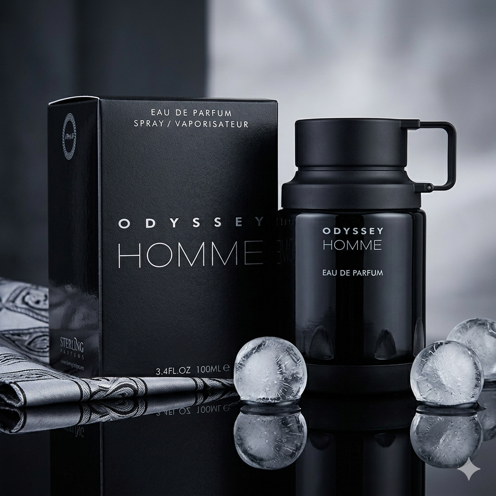 Odyssey Homme Eau de Parfum de Armaf, frasco com design elegante, destaque para o aroma sofisticado para homens.