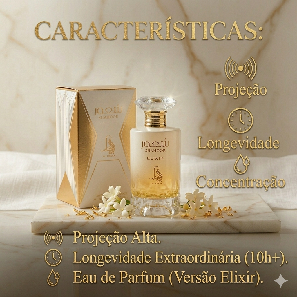 Fragrância Luxos do Oriente Shahoor Elixir Eau de Parfum, frasco elegante com detalhes dourados e rótulo da Fragrance World Original