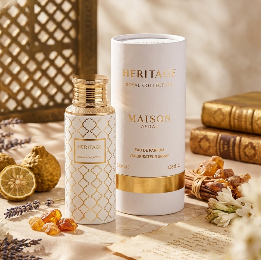 Perfume Eau de Parfum Heritage da Maison Asrar, fragrância luxuosa e elegante, com frasco sofisticado e detalhes dourados.