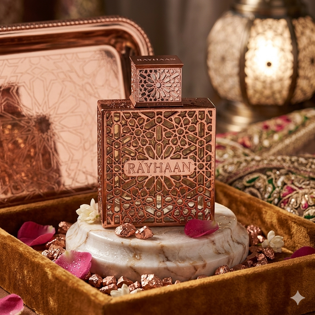 Frasco de Eau de Parfum Rayhaan Divine Original da Luxos do Oriente com design elegante e detalhes dourados.