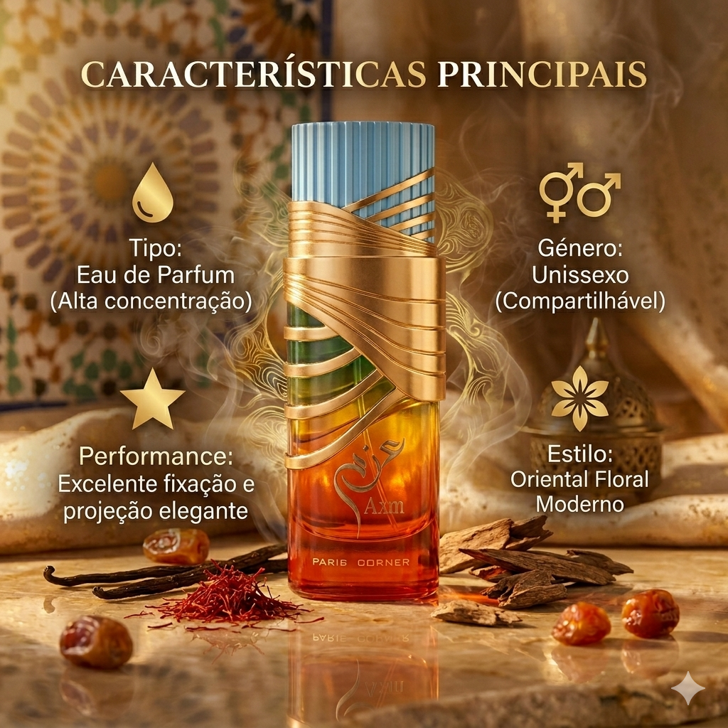 Frasco de perfume Eau de Parfum Luxos do Oriente Paris Corner Original AZM com embalagem elegante e design sofisticado.