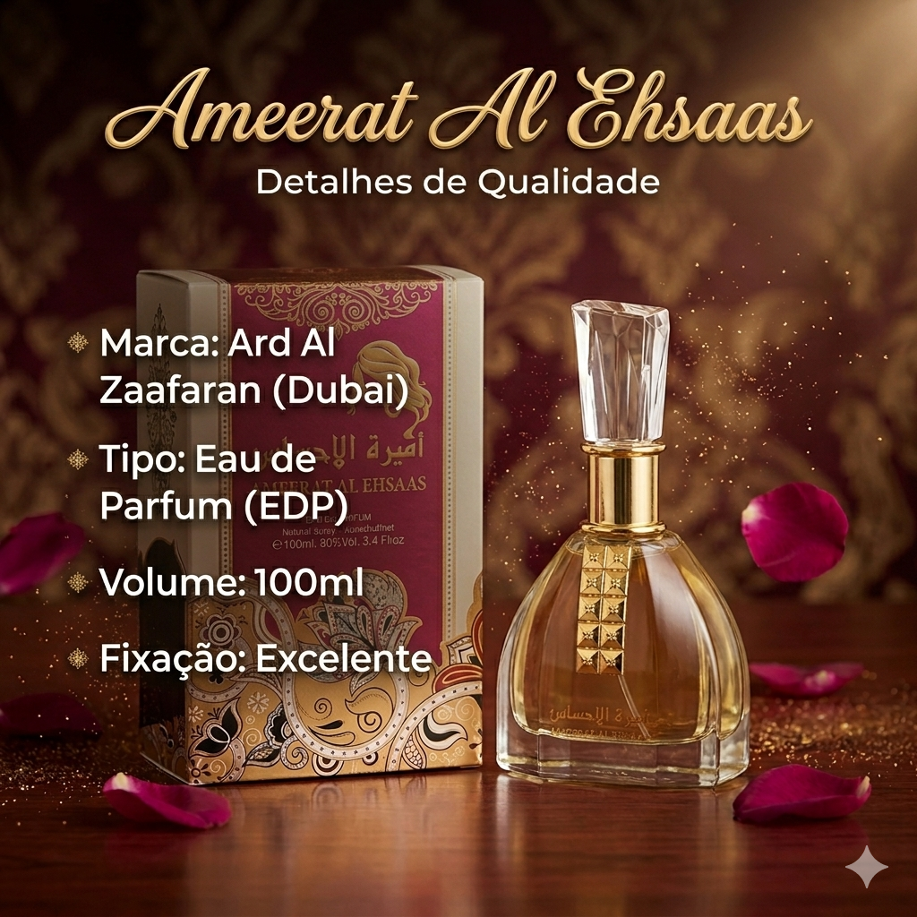 Frasco de perfume Ameerat Al Ehsaas Eau de Parfum Ard Al Zaafran, embalagem original, detalhes elegantes e rótulo visível.