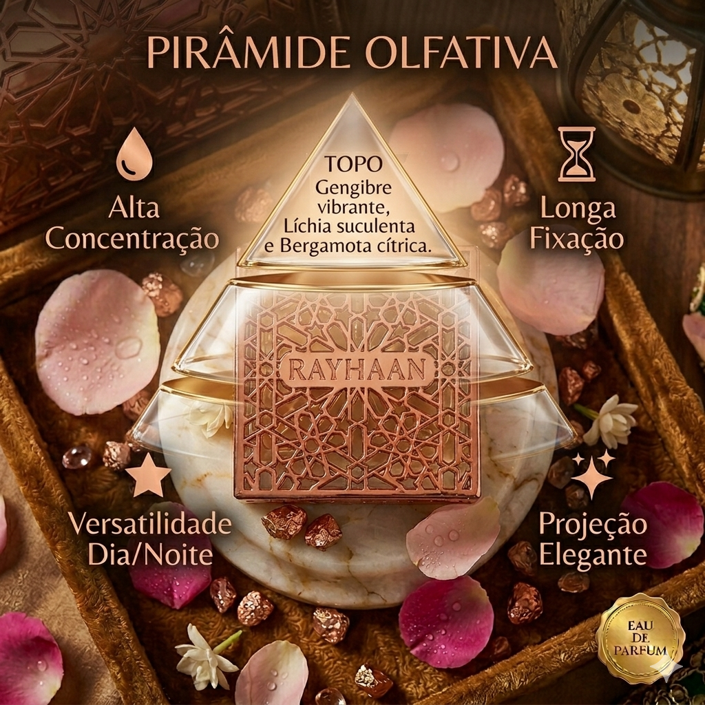 Frasco de perfume Rayhaan Divine Original Eau de Parfum da Luxos do Oriente, com detalhes elegantes e design sofisticado.
