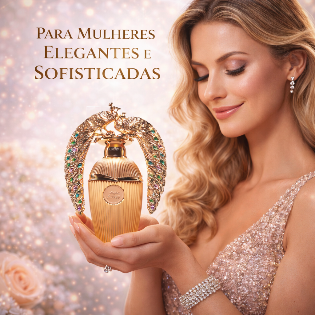 Lattafa Original Afeef fragrance bottle with ornate design and rich amber liquid, showcasing Oud de Ouro brand.