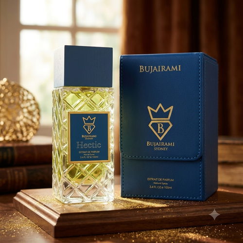 Frasco de perfume Bujairami Hectic da Luxos do Oriente, embalagem elegante, destaque para o rótulo e detalhes do frasco.
