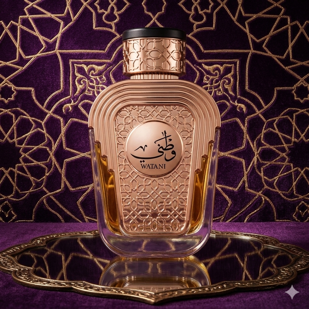 Frasco de Eau de Parfum Watani Al Wataniah original da Luxos do Oriente, com design elegante e detalhes dourados.