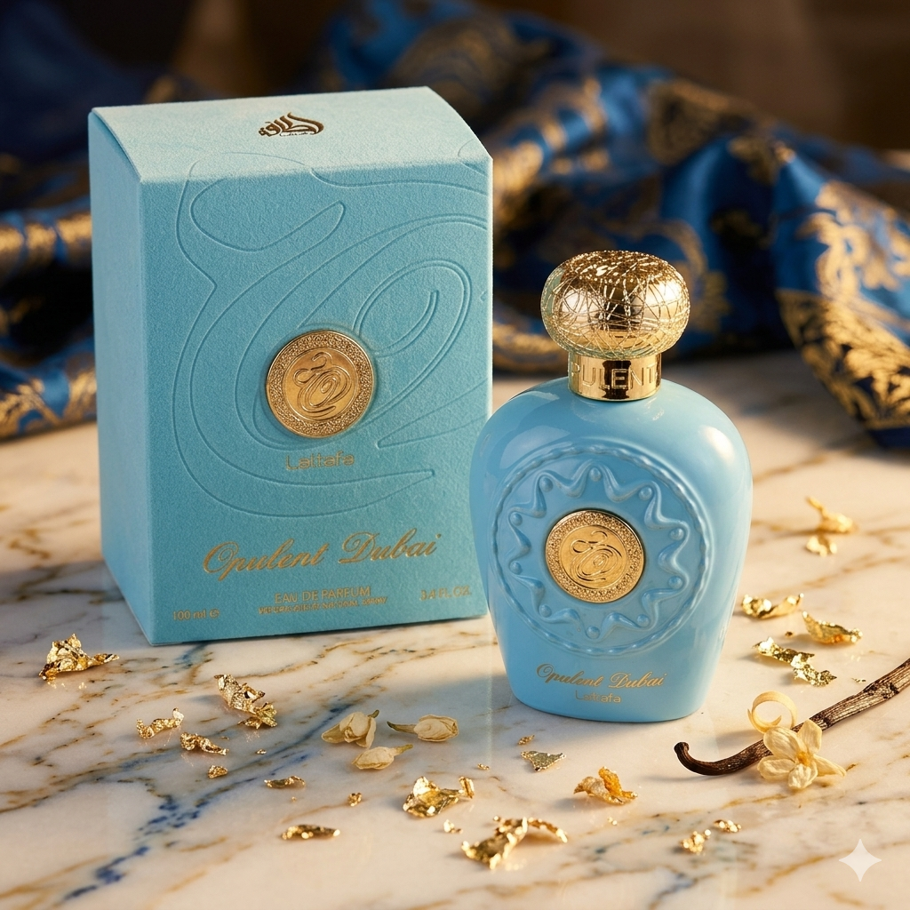 Frasco de perfume Opulent Dubai Eau de Parfum da Lataffa, com lata decorativa dourada e detalhes elegantes.