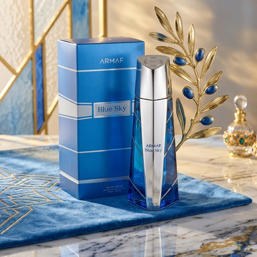 Perfume Eau de Parfum Blue Sky da Armaf, frasco azul, com design elegante e detalhes que refletem frescura e sofisticação.