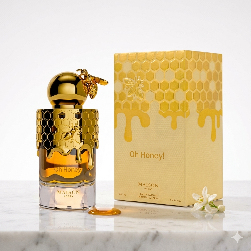 Frasco de perfume Oh Honey! Eau de Parfum da Maison Asrar, com design elegante e detalhes dourados.
