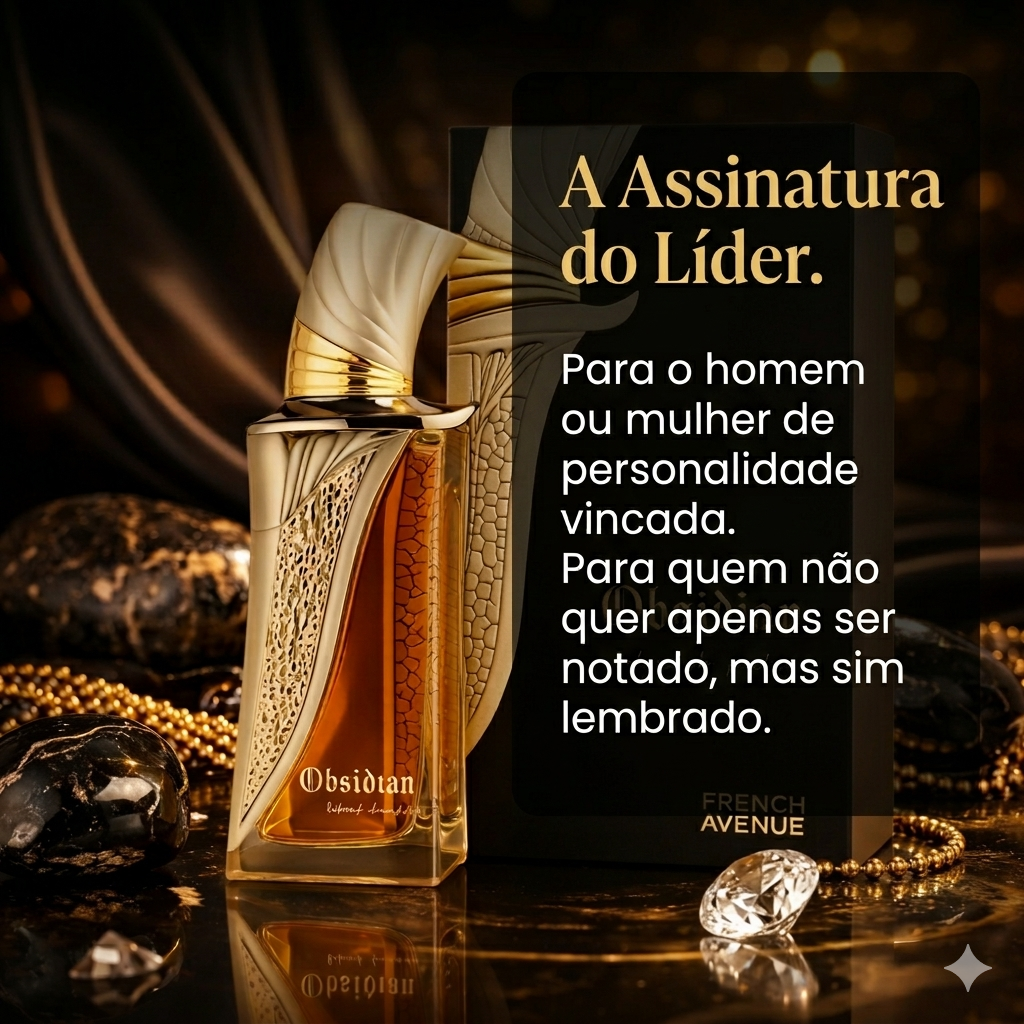 Frasco de Extrait de Parfum Obsidian da Luxos do Oriente, com design elegante e detalhes dourados, sobre fundo neutro.