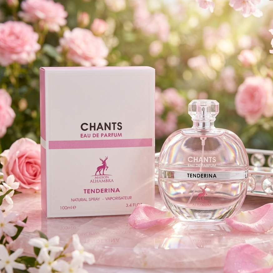 Frasco de Eau de Parfum Chants Tenderina da Maison Alhambra, com embalagem elegante e detalhes dourados.