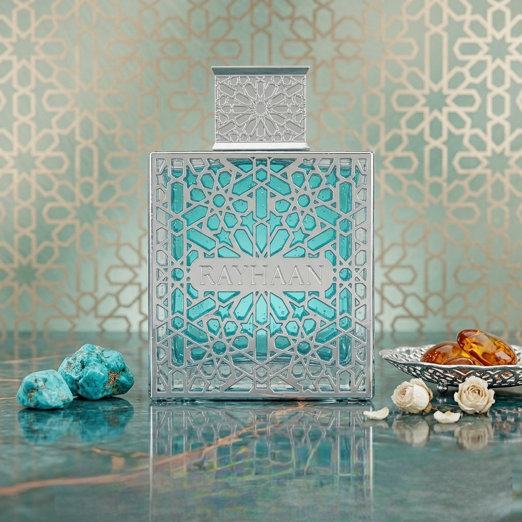 Frasco de perfume Rayhaan Aquática da Luxos do Oriente, embalagem com design elegante e detalhes do produto.