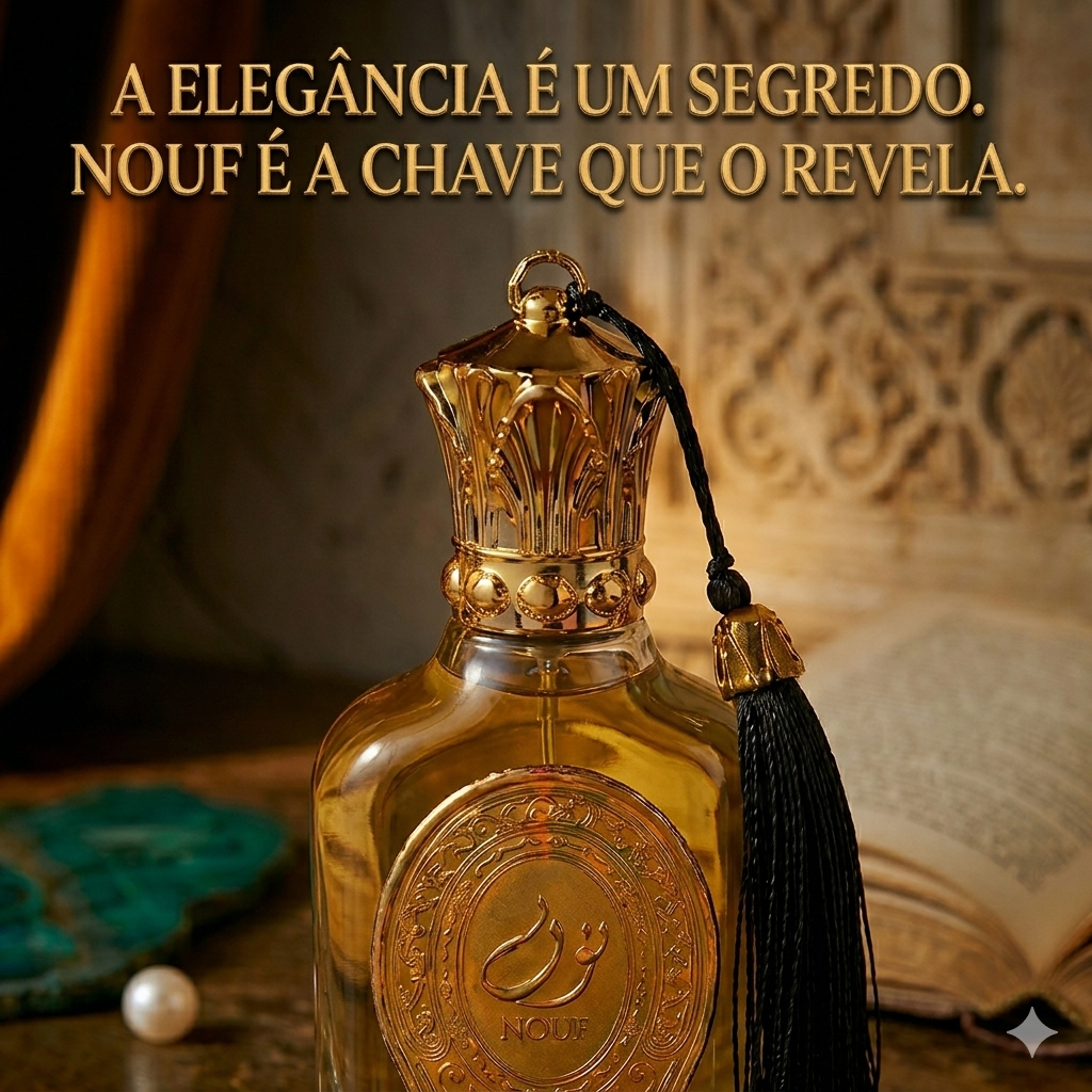 Frasco de perfume Nouf Eau de Parfum da Luxos do Oriente, com embalagem elegante e detalhes dourados, em fundo neutro.