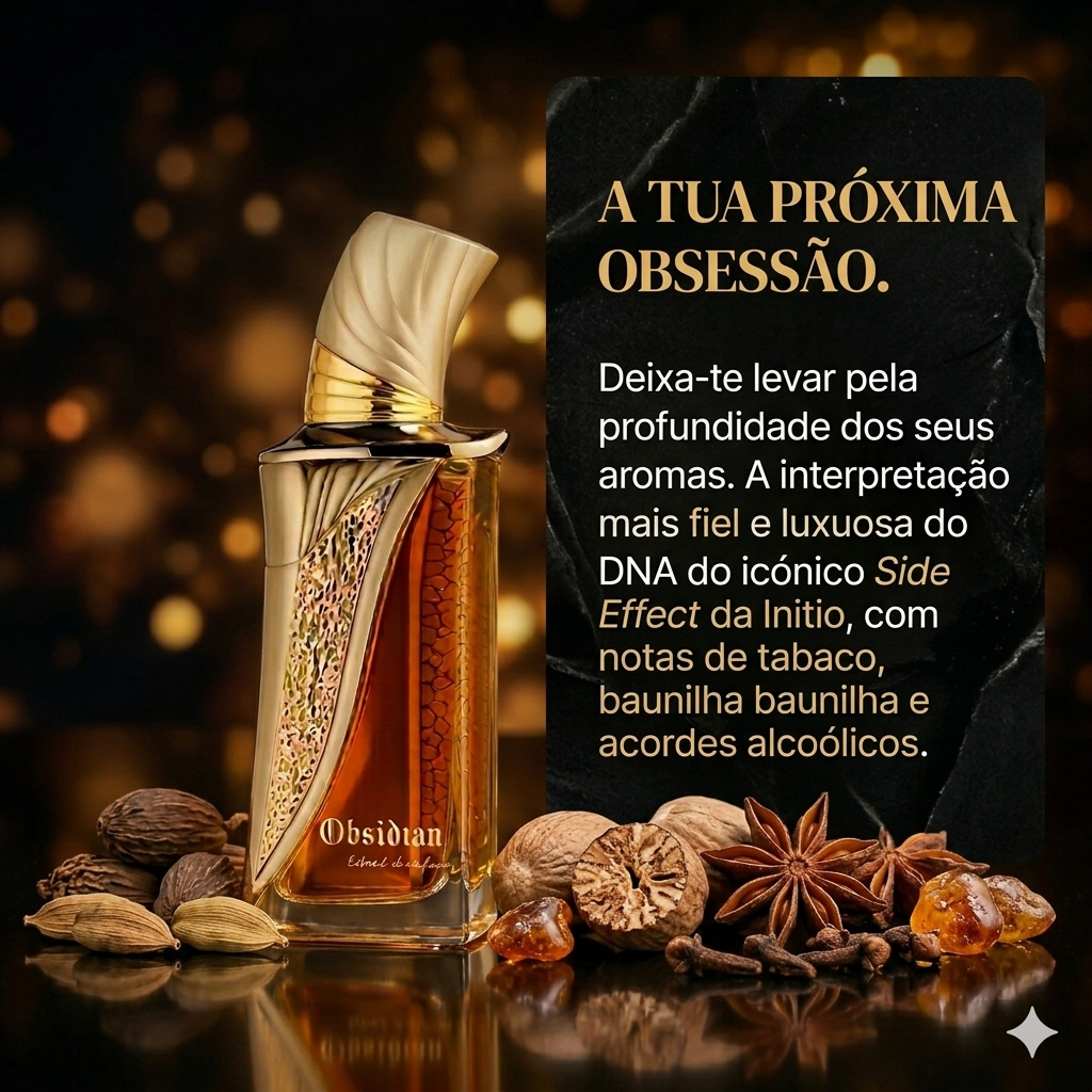 Frasco de Extrait de Parfum Obsidian da Luxos do Oriente, com design elegante e rótulo preto, para fragrância sofisticada.